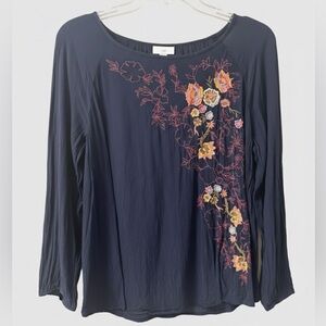 J. Jill Navy Blue Floral Embroidered Peasant Blouse XL EUC Boho Chic Artisan Top